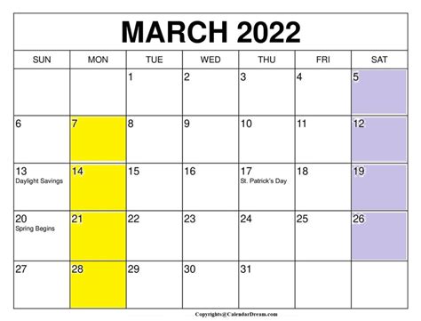 March 2022 Calendar With Holidays Printable